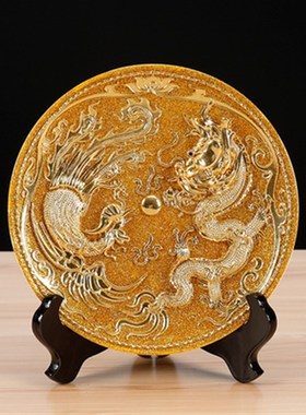 中国红 漆线雕龙凤l金盘陶瓷招财装饰盘子家居工艺品摆件 可加LOG