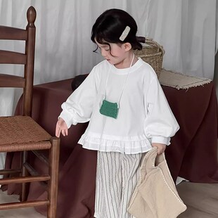 女童长袖T恤荷叶边拼接25春韩系小清新女童宽松棉上衣灯笼泡泡袖
