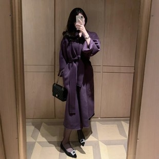 韩版 秋冬新款 紫色外套 大衣女装 100羊毛双面呢手工浴袍系带中长款