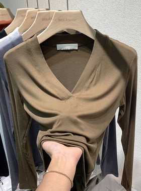 欧货打底衫女秋冬洋气内搭2u021新款设计感小众v领上衣纯棉长袖t