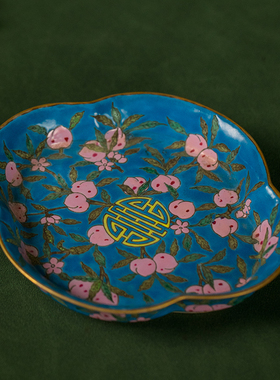 清代 蓝地粉彩寿桃纹海棠形洗文玩古董瓷器收藏文房雅器水洗摆件