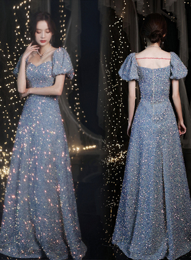 2021新款亮闪闪主持人宴会一字肩洋装大气优雅气质年会晚礼服女