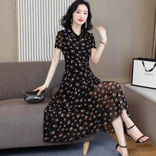 短袖 方领碎花裙连衣裙女夏装 气质修身 收腰显瘦长款 网纱裙 2020新款