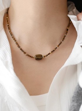 高品质~美拉德方糖天然虎眼石串珠项链女锁骨链设计高级感小众