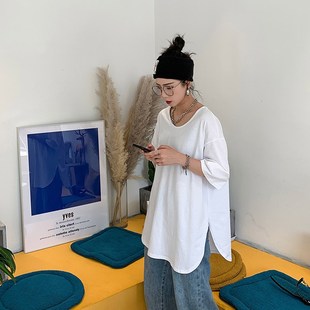 短袖 宽松慵懒风纯棉开衩上衣 t恤女2024夏小众设计感弧形百搭大码