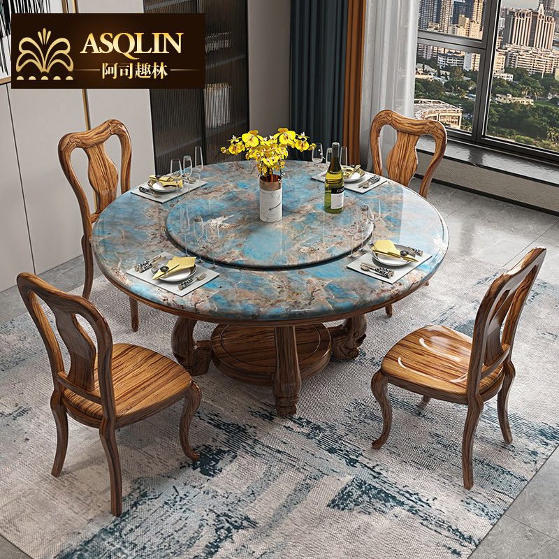 欧式实木餐桌椅组合新中式大理石圆桌带转盘乌金木餐厅6人饭桌,住宅家具,大理石餐桌,淘宝优惠券,粉丝福利购,淘宝优惠卷