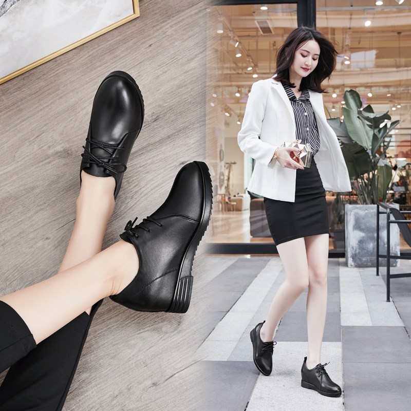 2023春秋g新款坡跟内增高女鞋百搭休闲平底真皮单鞋女妈妈鞋小皮