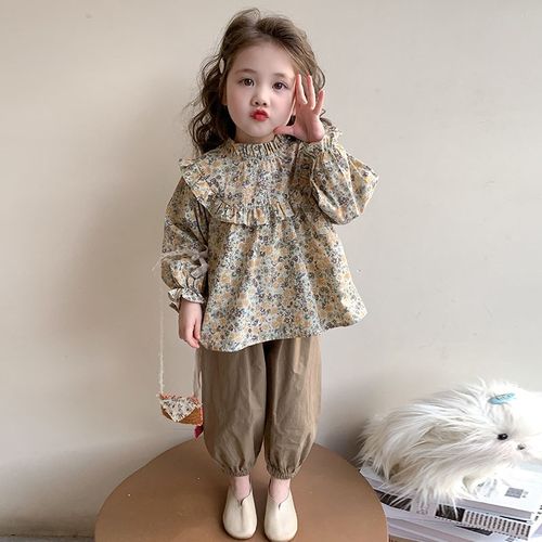 女童木耳边碎花休闲套装2025新款儿童森系娃娃衫休闲裤子俩件套潮