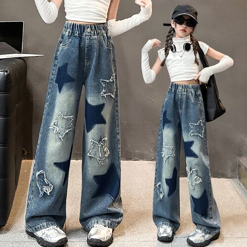 女童裤子春秋款2024新款秋装12岁大童时尚休闲直筒阔腿儿童牛仔裤
