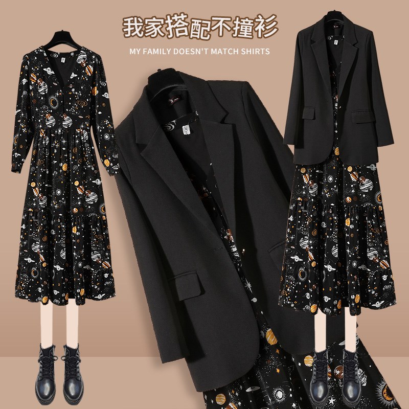 2025春秋超火黑色西装女宽松复古雪G纺碎花连衣裙时尚西服两件套