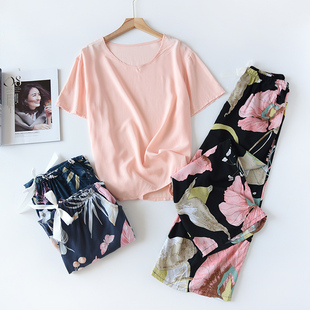 纯棉绵绸家居服套装 棉绸睡衣女夏季 九分阔腿裤 外穿短袖 人造棉薄款