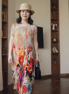 夏季连衣裙2024新款中老年妈妈真丝褶皱薄款裙子中长款粉色宽松版