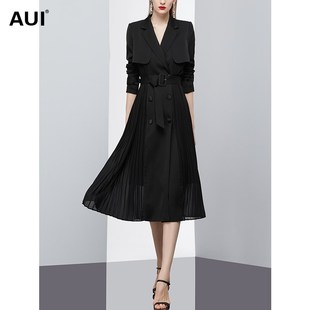 外套裙 拼接雪纺修身 黑色设计感气质风衣女2024早秋新款 欧货中长款