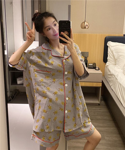 短袖 套装 情侣睡衣薄款 200斤短裤 双层透气纱布棉家居服大码 夏季