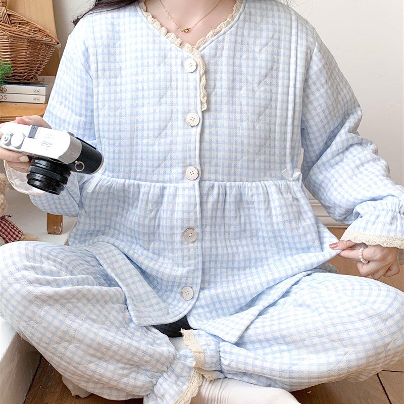 孕妇睡衣,春秋季带护胸空气棉夹心坐月子服产后冬季母乳喂养孕妇