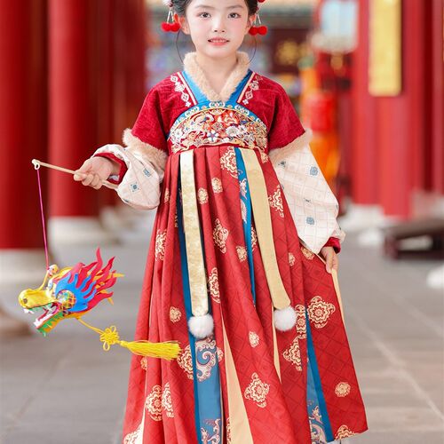 汉服女童秋冬季2025新款古装连衣裙加绒儿童国风唐装女孩古风裙子