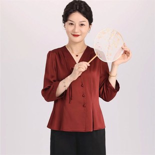t恤2025新款 七分袖 中老年女装 春夏季 新中式 雪纺小衫 洋气妈妈夏装