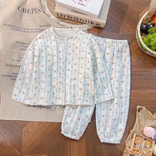 2024宝宝春秋纯棉双层纱布睡衣儿童A类开衫套装男女童透气家居服