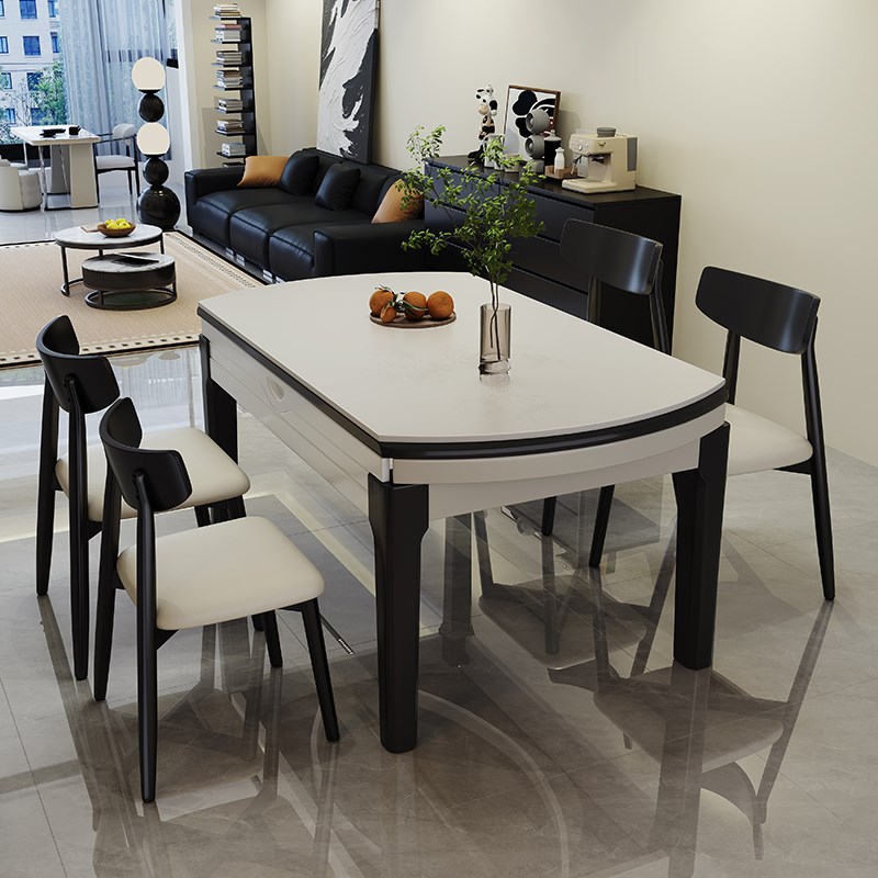 实木岩板餐桌椅组合2025新款简约小户型家用伸缩饭桌可变圆桌椅子