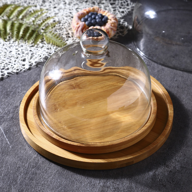 木质蛋糕展示托盘高脚托台甜品玻璃罩透明水果点心面包试吃盘带盖