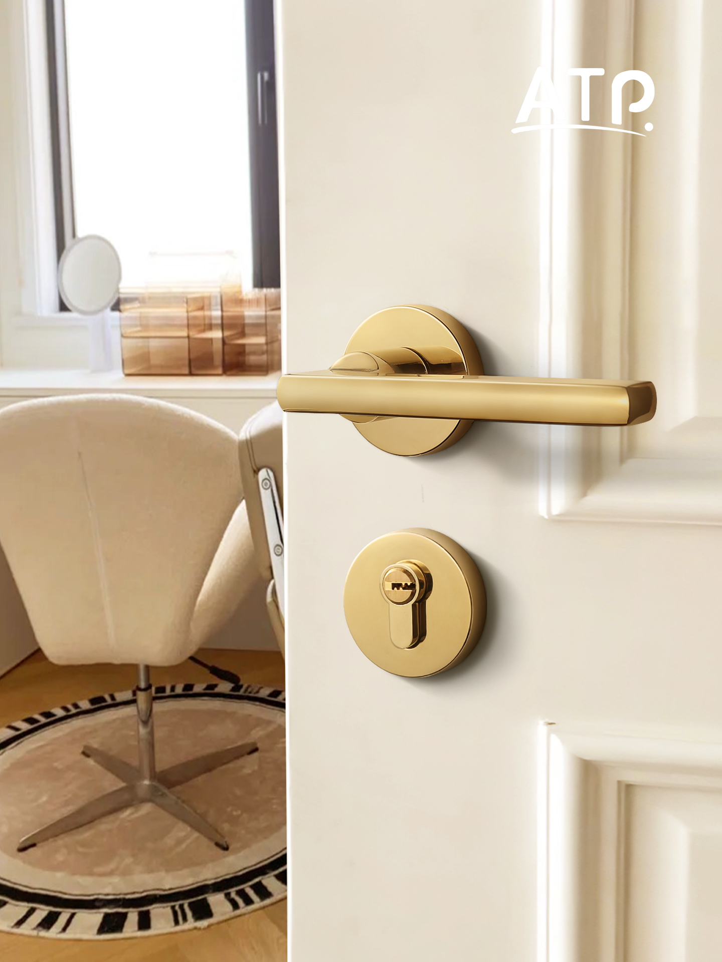 Atp亮金室内卧室门锁分割磁性沉默Pvd金家庭实木门把手