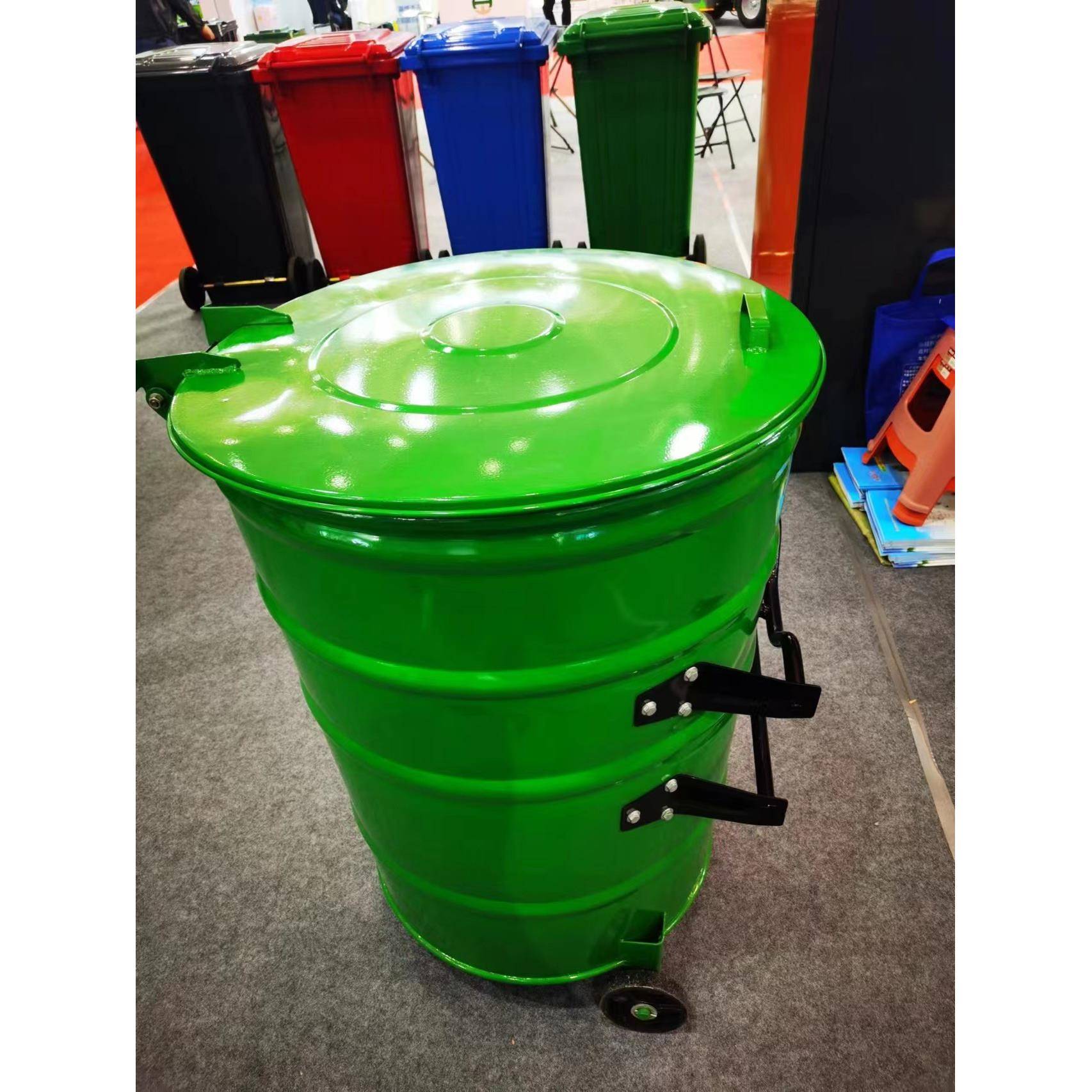 厂家供应360升圆形铁质垃圾桶镀锌钢板挂车垃圾桶360l铁皮圆