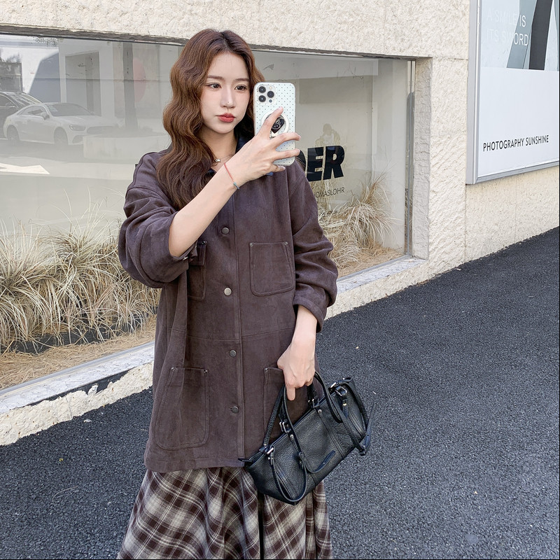 美式复古巴恩风工装牛仔外套女2025秋季新款pu皮撞色翻领宽松夹克,女装套装/套裙,浙宝201