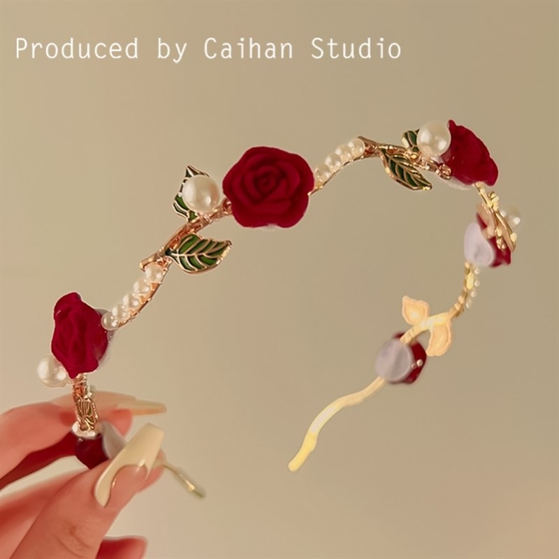 玫瑰美人~超仙珍珠花朵发箍女法式复古压发头箍新娘订婚新年发饰