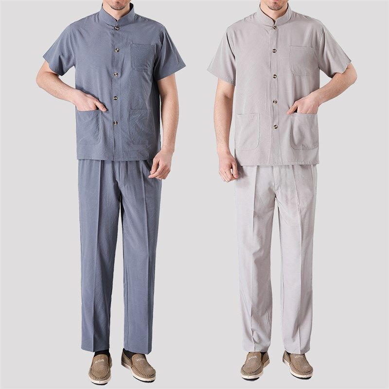 中老年男士衬衫夏季冰丝套装爸爸立领衬衣大码长裤老人衣服夏装薄,男装,其他套装,淘宝优惠券,粉丝福利购,淘宝优惠卷