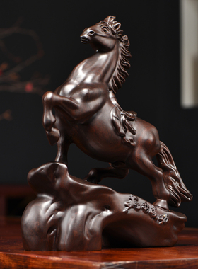 黑檀木雕马摆件实木新中式马到成功家居客厅书房办公桌面装饰礼品