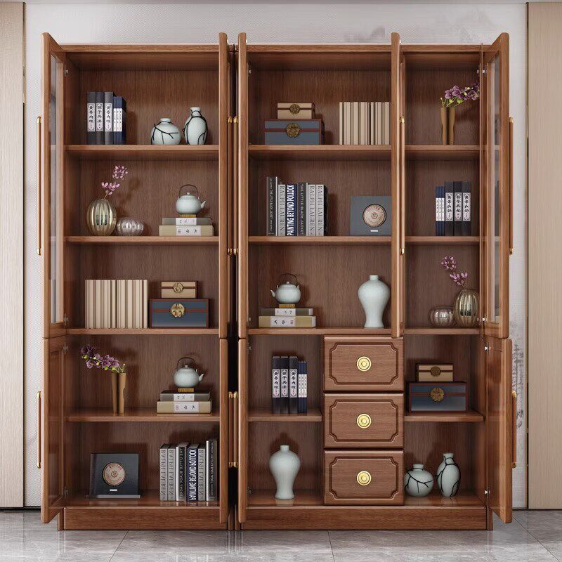 新中式实木转角书柜组合书房一体整墙书架现代简约家用带门储物柜