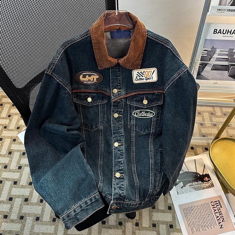 灯芯领拼接贴布绣花牛仔外套男装机车风复古美式水洗撞色夹克上衣,男装,夹克,淘宝优惠券,粉丝福利购,淘宝优惠卷