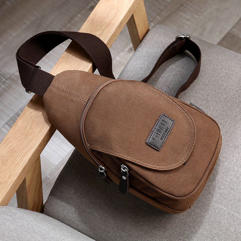 男士胸包帆布斜挎小包休闲运动包复古结实户外旅行包手机包男腰包