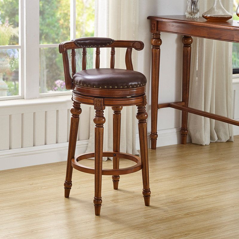 美式真皮吧台椅 实木质家用高脚凳 欧式可旋转吧台椅靠背椅酒吧椅