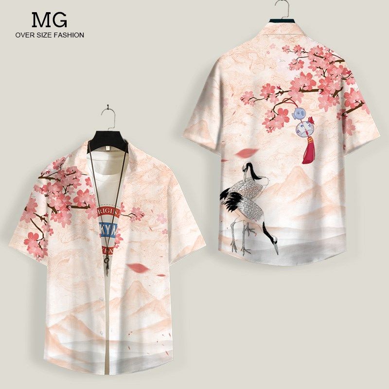 夏季短袖衬衫男士古风仙鹤印花衬衣大码外套胖子薄款透气寸衫翻领,男装,衬衫,淘宝优惠券,粉丝福利购,淘宝优惠卷