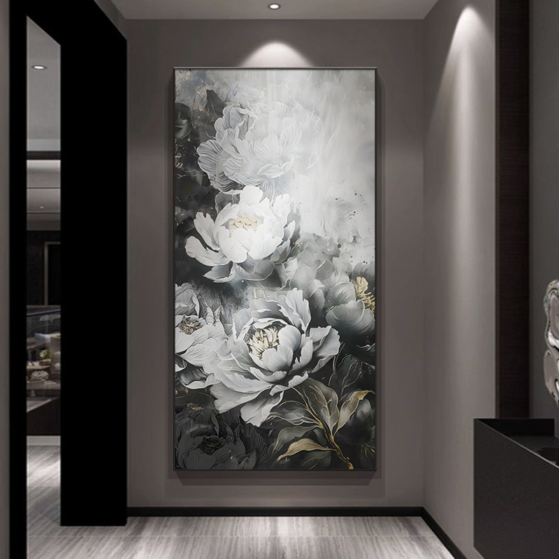 复古轻奢花卉玄关装饰画高级感黑白灰走廊过道画立体感客厅落地画图片