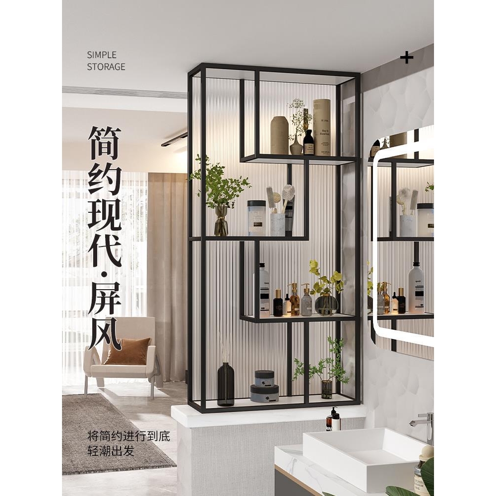 卫生间干区半墙长虹玻璃隔断铁艺置物架洗漱台客厅不锈钢屏风玄关