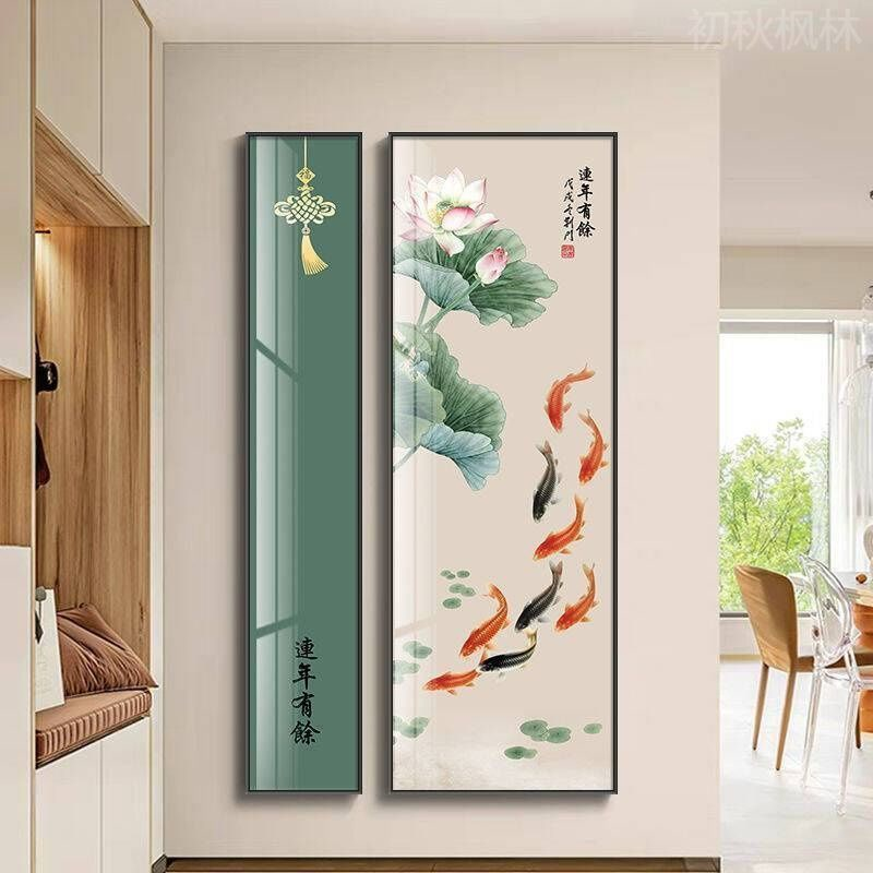 新中式柿柿如意九鱼图玄关组合画入户走廊茶室装饰画大气客厅挂画图片