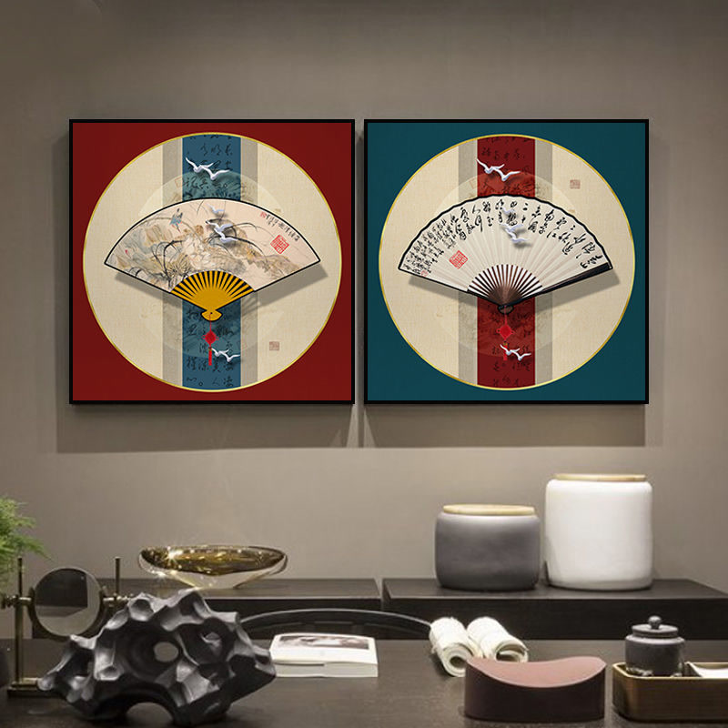 新中式装饰画扇子正方形玄关挂画国风餐厅饭店玄关走廊挂画茶室画图片