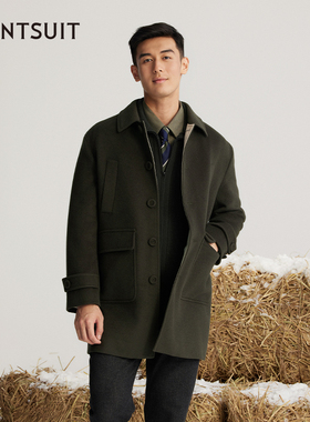 WANTSUIT绵羊毛墨绿长款翻领毛呢大衣口袋商务休闲通勤上班老钱风
