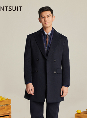 WANTSUIT黑色山羊绒长款戗驳领大衣商务毛呢通勤外套柴斯特男秋冬