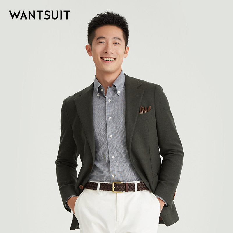 WANTSUIT男士绿色净面绵羊毛单西男士外套上衣正式新郎毕业成人礼