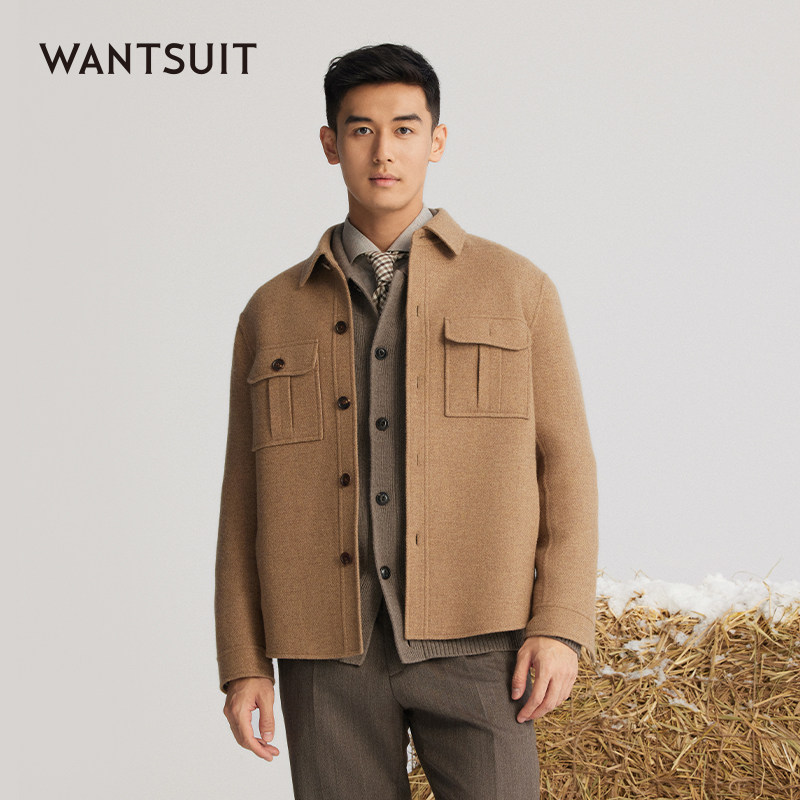 WANTSUIT浅咖翻领短外套山羊绒毛呢口袋上衣老钱商务休闲男士巴恩