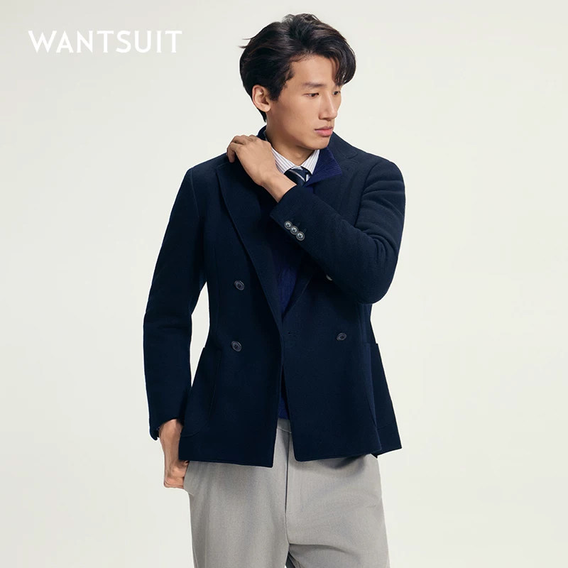 WANTSUIT藏青色平驳领针织单西服