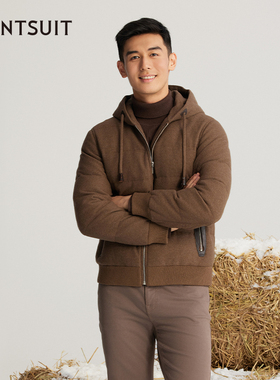 WANTSUIT男士深咖绵羊毛短款白鹅绒羽绒服外套保暖秋冬老钱美拉德