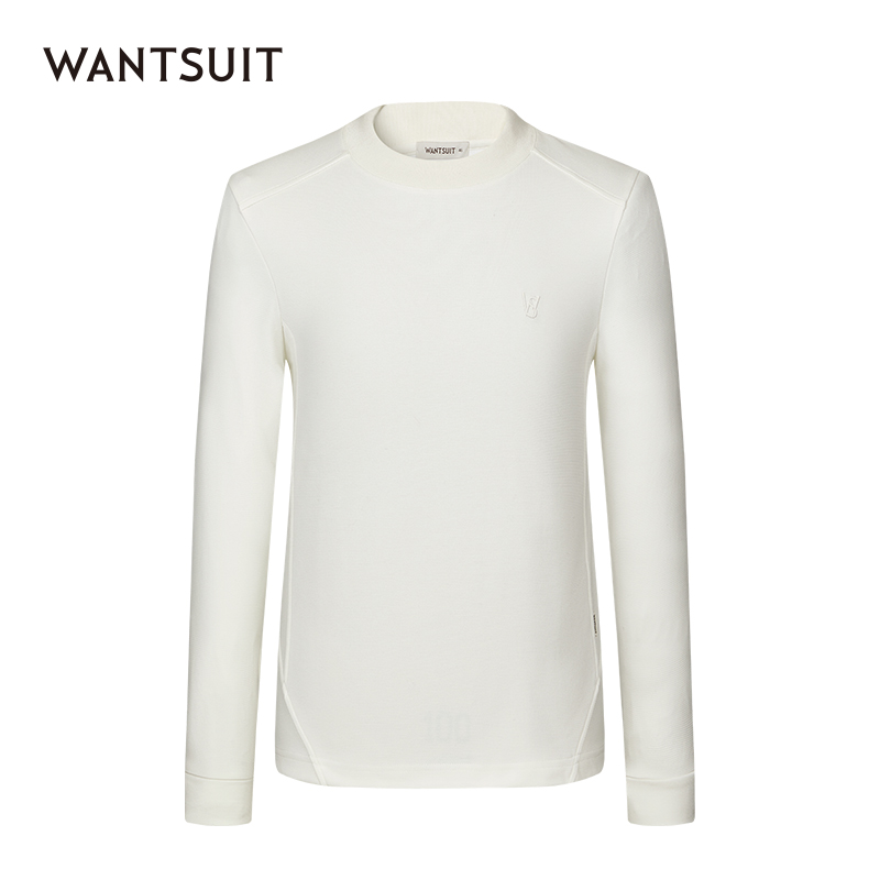 WANTSUIT米白色圆领净面长袖T恤