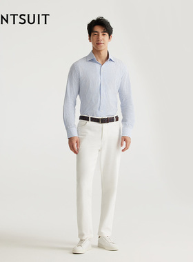 WANTSUIT秋冬商务一片领蓝白条纹正装长袖衬衫绅士内搭男品质简约