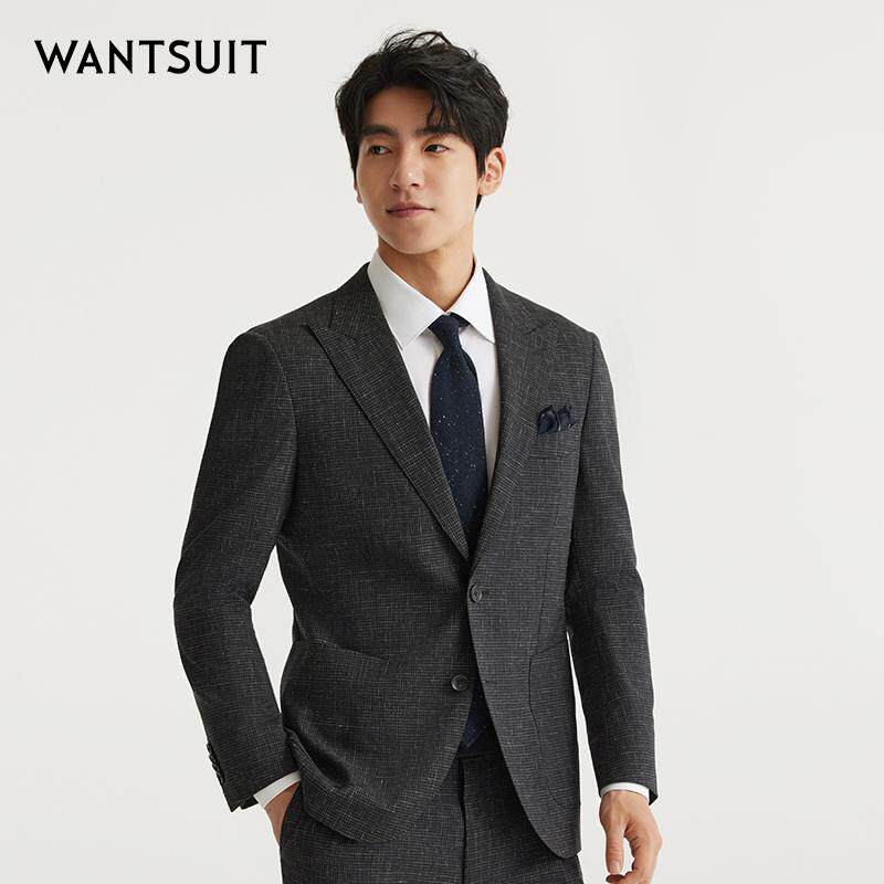 WANTSUIT黑色绵羊毛细格纹西服男士正装西装商务绅士雅低调外套