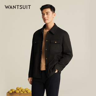 WANTSUIT黑麂皮外套工装 商务巴恩风底特律老钱vintage 夹克男猎装