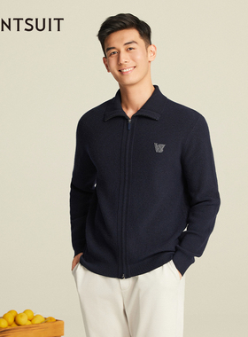 WANTSUIT塔斯马尼亚羊毛藏青色拉链针织开衫商务休闲舒适内搭外穿